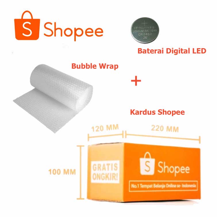 Kardus Tebal Shopee + Packaging Bubble Wrap + 1 Pcs Baterai Jam Tangan LED DIGITAL