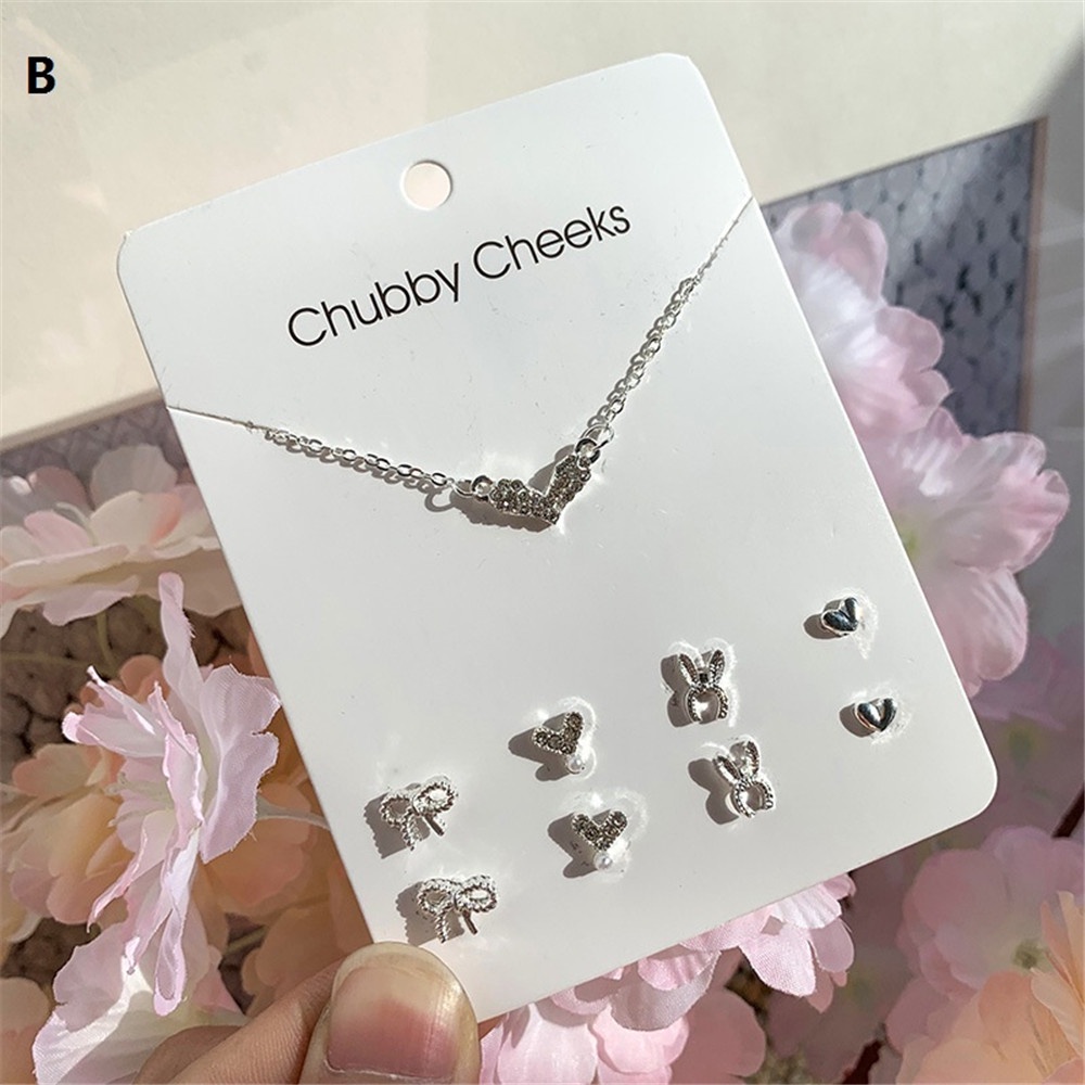 Korean Fashion Necklace and Earrings Set Card Stars Clover Flowers Snowflakes Bow Necklace Week Earring Set Jewelry