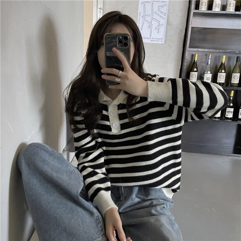 Polo Stripes Knit Import - Atasan Polo Rajut Wanita - Korean Polo Knit TM (51047)