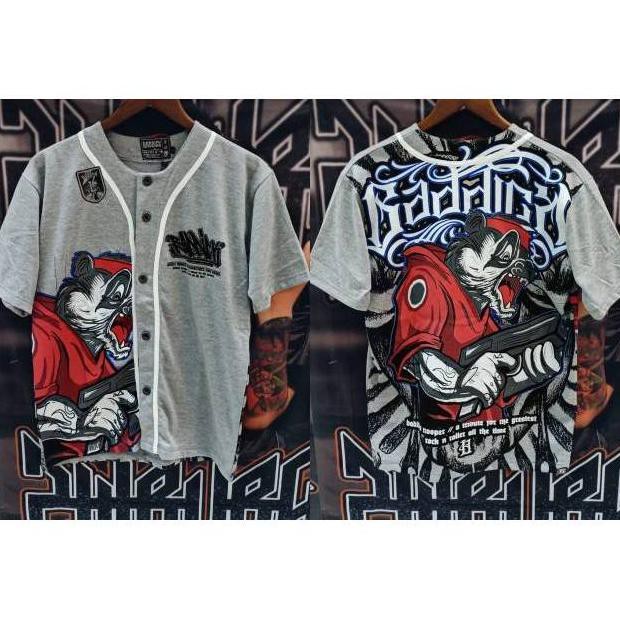 KAOS TSHIRT BASEBALL MOTIF HOMIES BIGSIZE TENGKORAK WARNA MERAH SKATEBOARD ROCK N ROLL SKULL PRIA XL