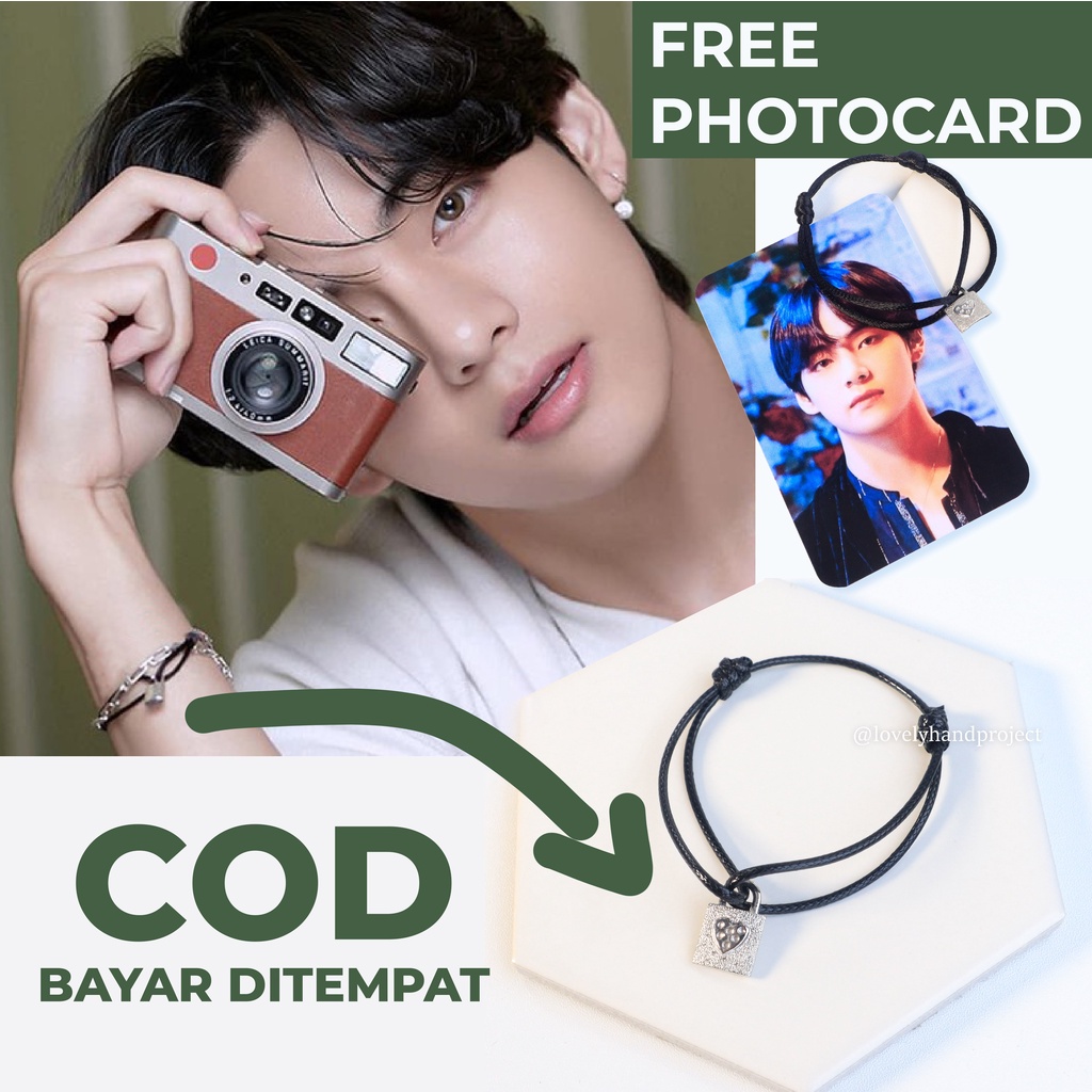 (Spesial BTS) Gelang V Kim Taehyung Manik Gembok Padlock Free Photocard Tali Waterproof Korea &amp; Satin Super Lembut Simpul Simbol huruf V Kpop Korean Pop