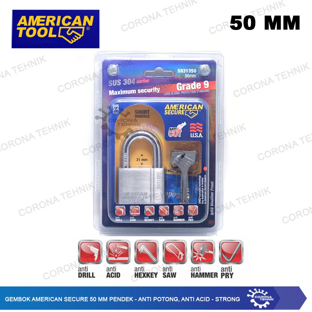 American - Gembok Secure 50 mm Pendek - Anti Potong, Anti Acid - Strong