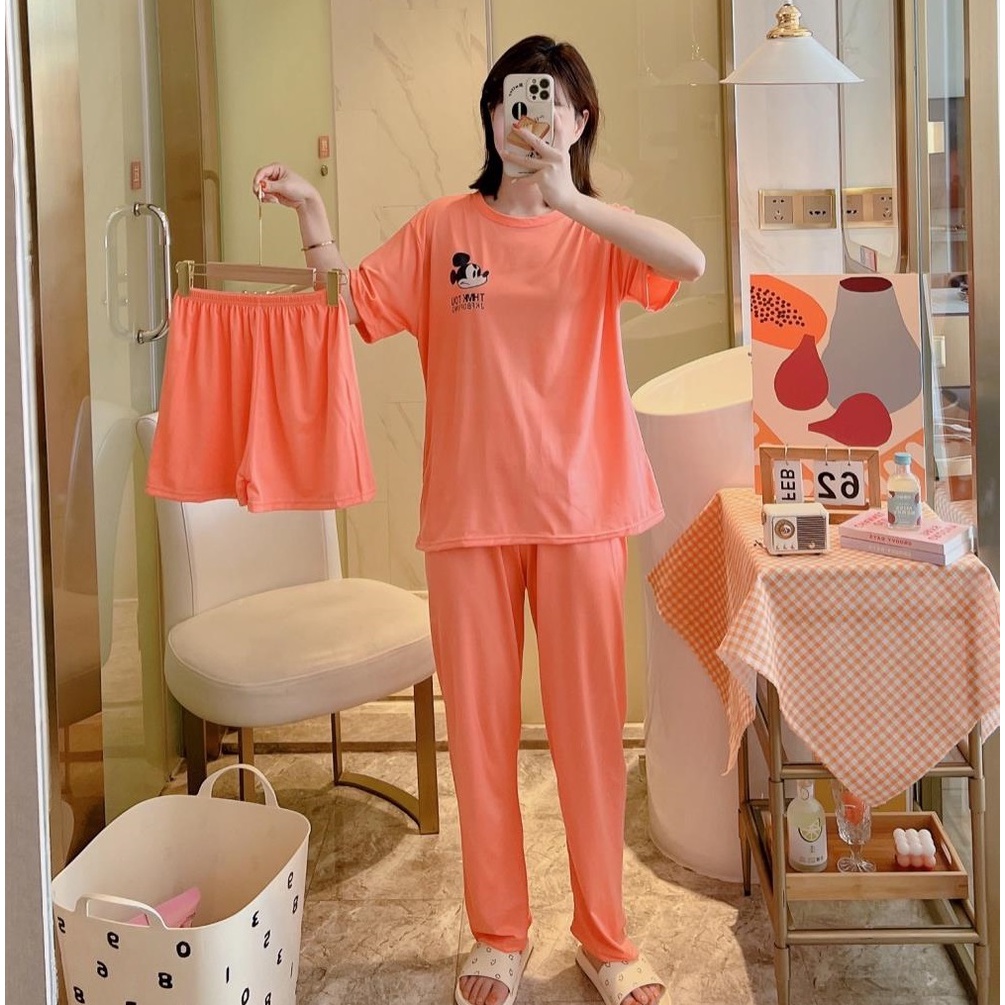 AJW Shop Piyama 3in1 | Piyama Import Dewasa | Setelan Wanita Kekinian | Baju Tidur Wanita Dewasa-Mic Oren