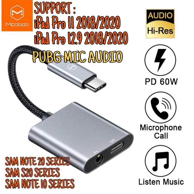 Mcdodo Audio Converter iPad Pro Galaxy Note20 Type C To Aux 3.5mm To type C Input PD 60W Fast Charge