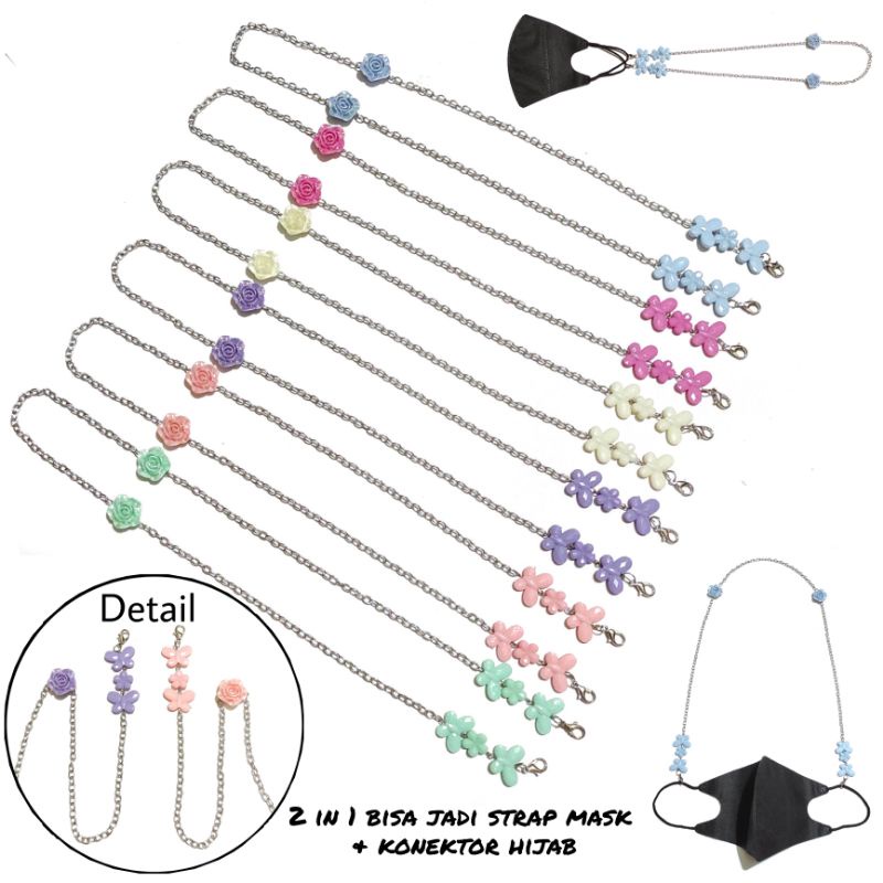 2in1 Strap Mask + Konektor Masker Hijab Adelle Rose Glossy Butterfly Bunga Mawar Kupu Kupu
