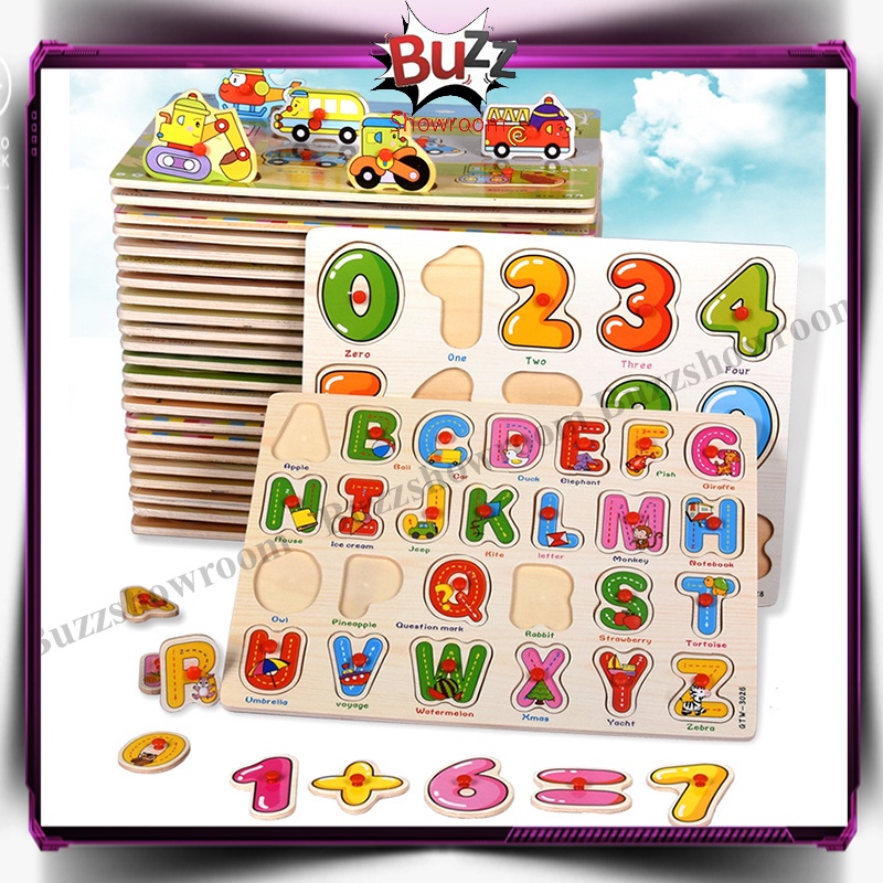 Puzzle Knob Kayu Mainan Edukasi Anak Paku Huruf Angka Buah Wooden Toys