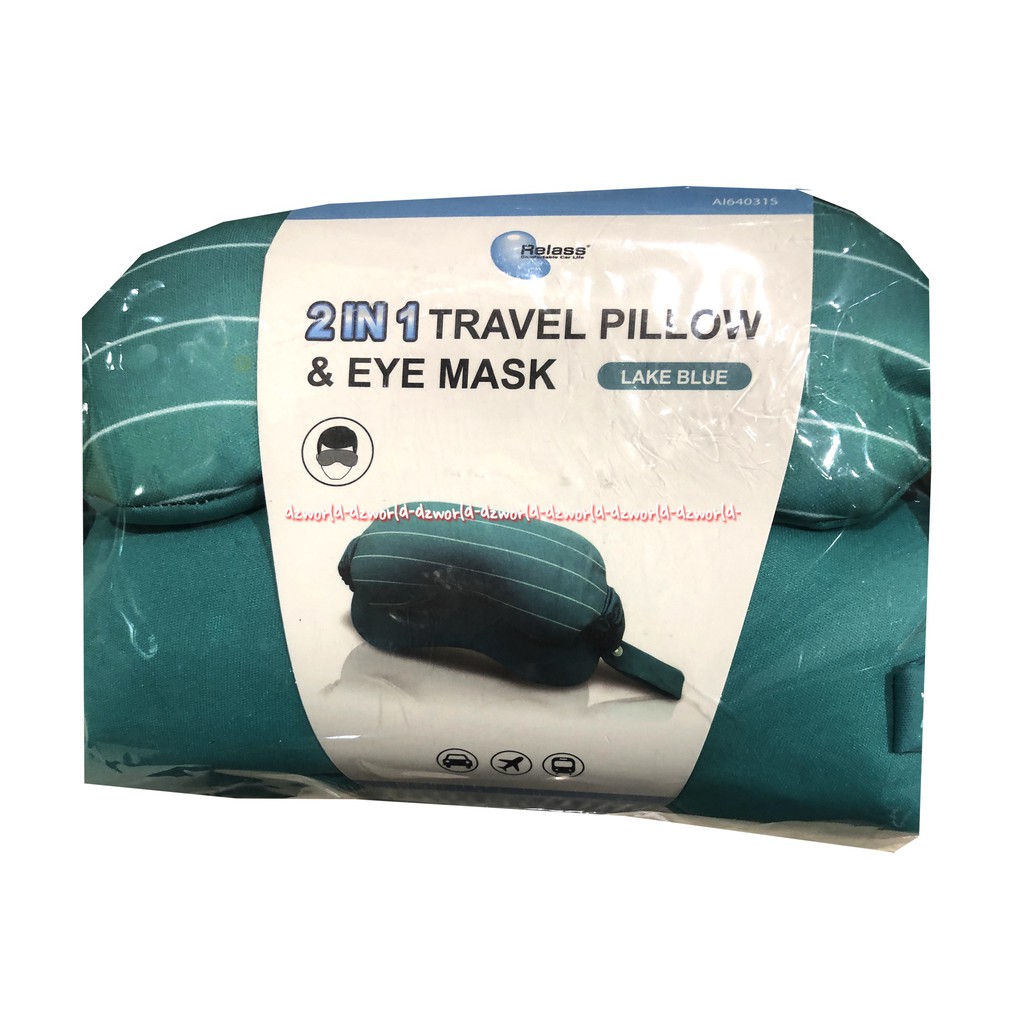 Relass 2in1 Travel Pillow and Eye Mask Bantal Traveling dan Penutup Mata Biru Hijau