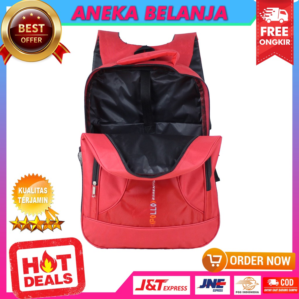 Tas Punggung Pria Sekolah Polo Essential Merah Backpack Cowok Stylish SD SMP Kerja Kuliah Berkualitas Free Raincover Bahan Awet Tebal Harga Terlaris Termurah