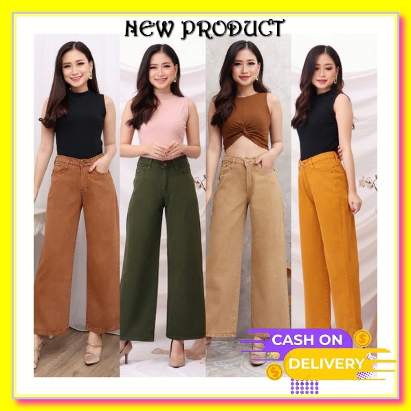 Jins Jahitan Tipis Wanita Pinggang Tinggi Lurus Celana Kaki Lebar Longgar Fwr -Kulot Jeans Syakira B