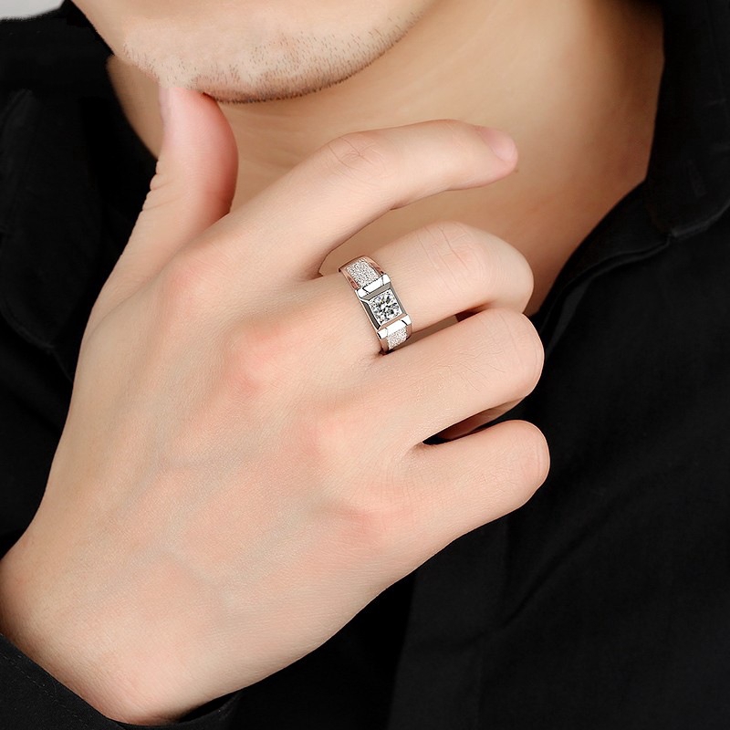 Cincin Silver Matte Aksen Berlian Untuk Pria