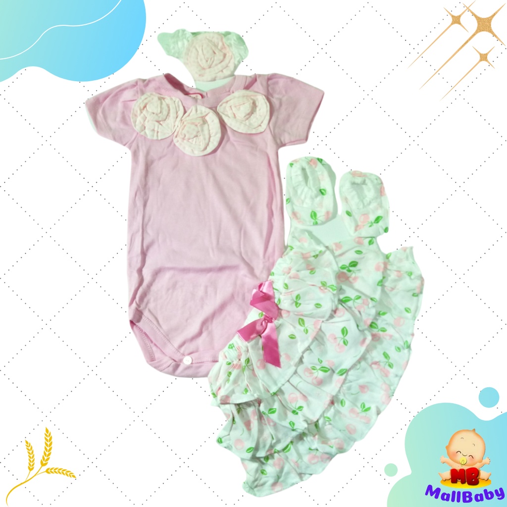 Baju Bayi Perempuan 0 3 6 9 12 Bulan Setelan Jumper Set Bandana Sepatu Bayi Cherry