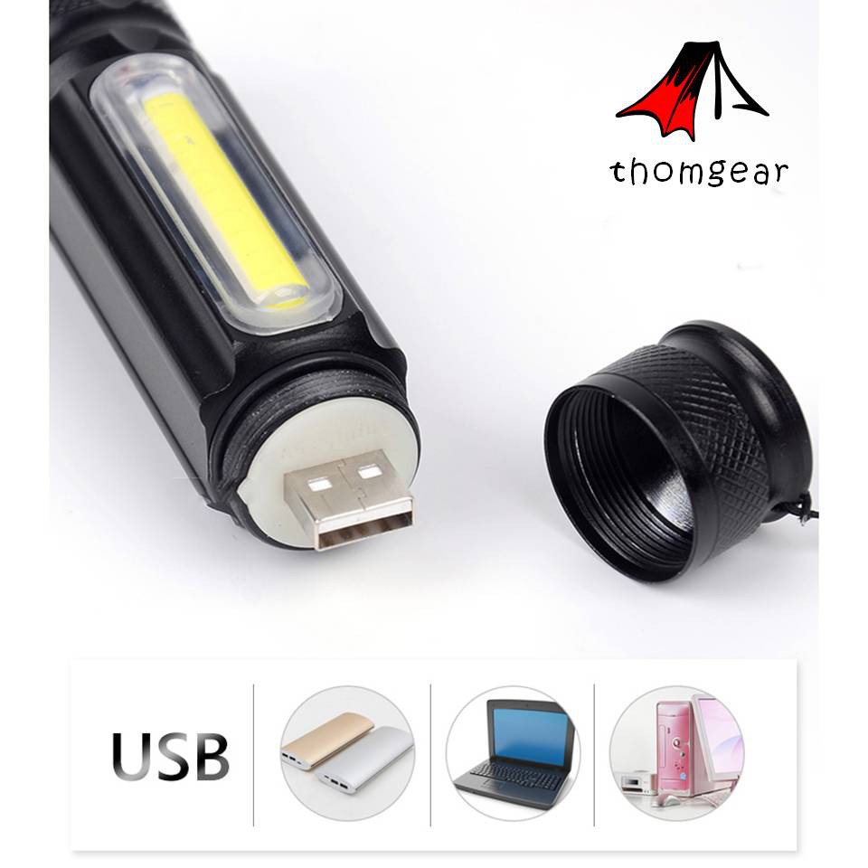 Thomgear Senter Led Bisa Dicas Usb Rechargeable Taffled Cree Xml T6 + Cob 2300 Lumens Jm