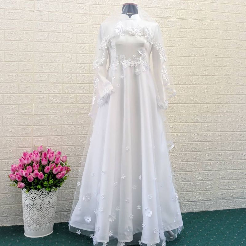 Ready stock (siap kirim) gaun pengantin muslimah / wedding dress / baju akad nikah/ set dress bridal