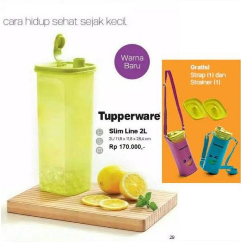 Tupperware 2L Liter Slim Line - Green With Strainer & Strap / Botol Infused Water Air Minum Dengan S