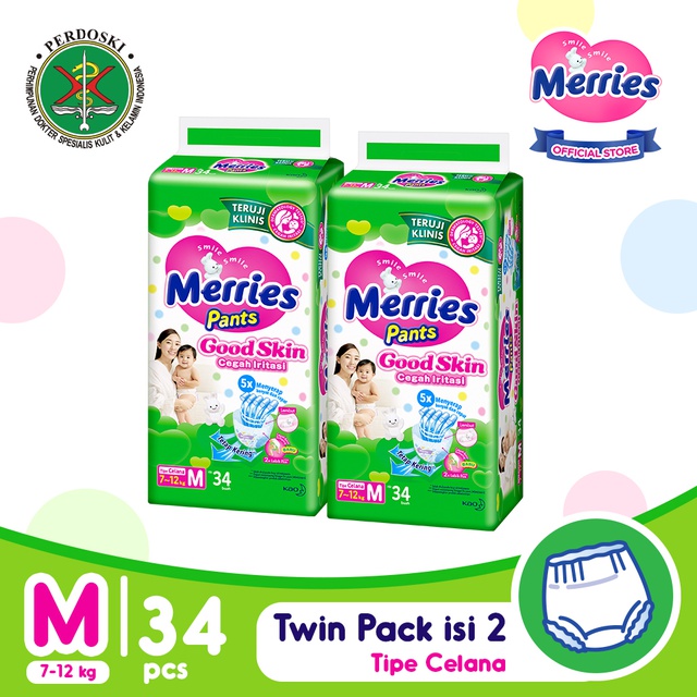 Merries Good Skin Pants Popok Perlengkapan Bayi M(7 - 12)kg Kurangi Risiko Alergi Pada Kulit Bayi Isi 32+2 Buah Twin Pack