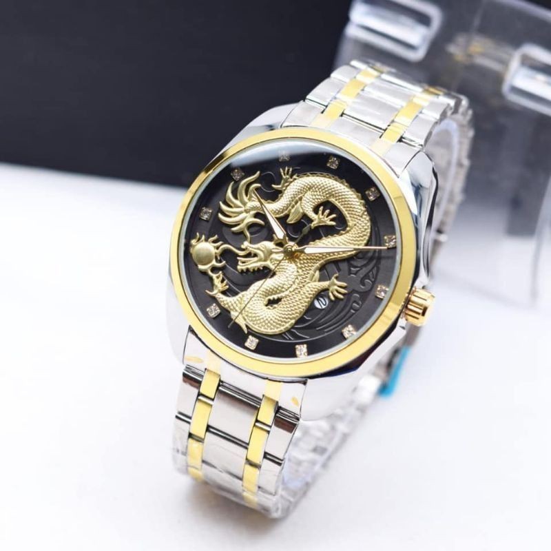 fashion pria Jam tangan rantai anti air stainless motip gambar naga