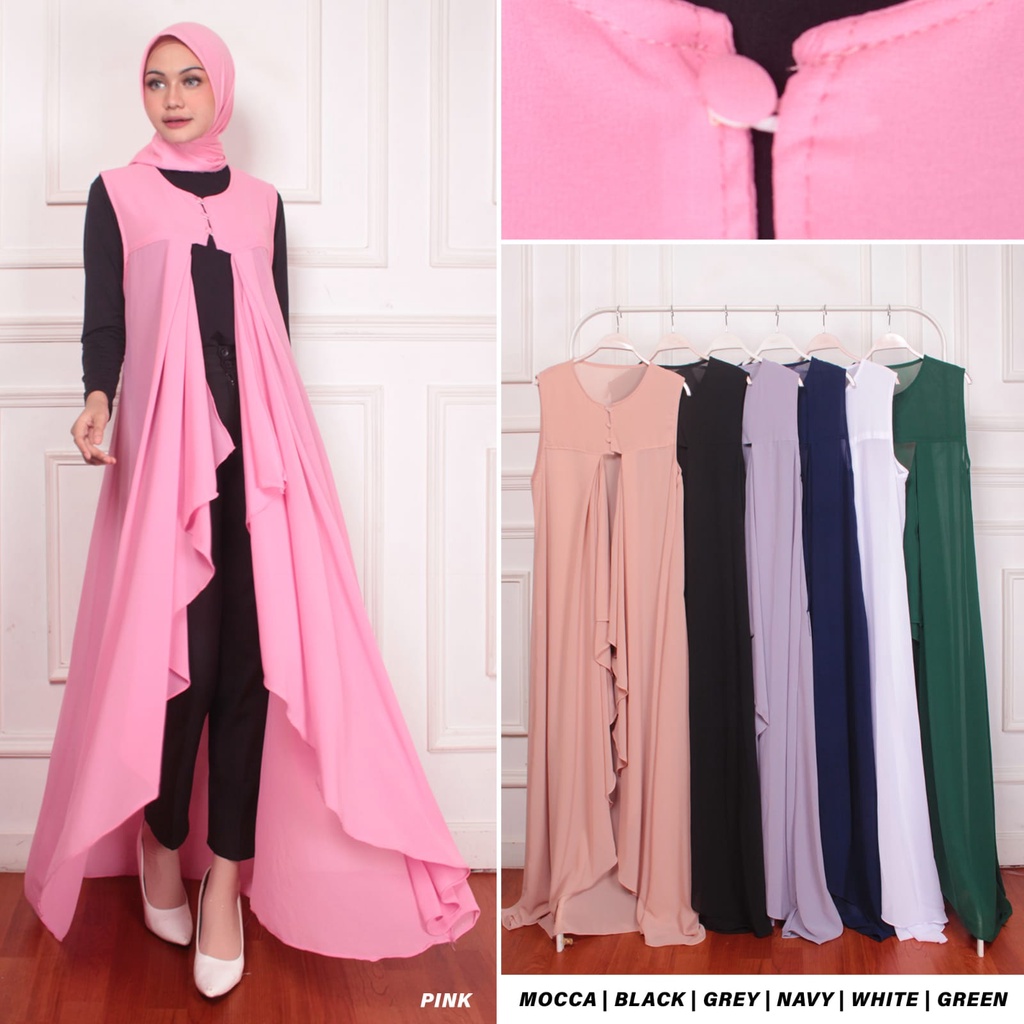 Long outer cardigan ceruty Ld 118 outer wanita panjang fashion muslim tanpa lengan