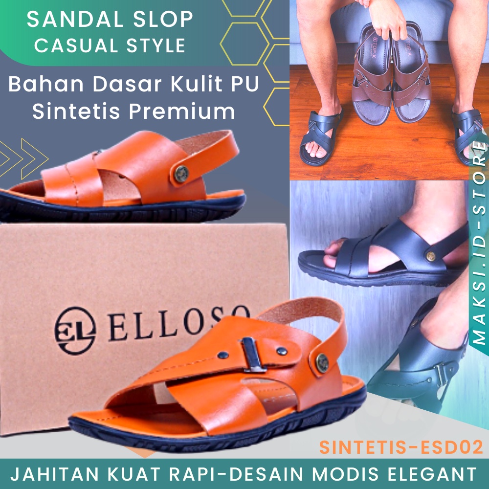 Sandal Kulit Pria Sendal Slop Keren Kekinian Casual Original Kulit Pu Pria Model Terbaru ESD02 Produk Premium Cod