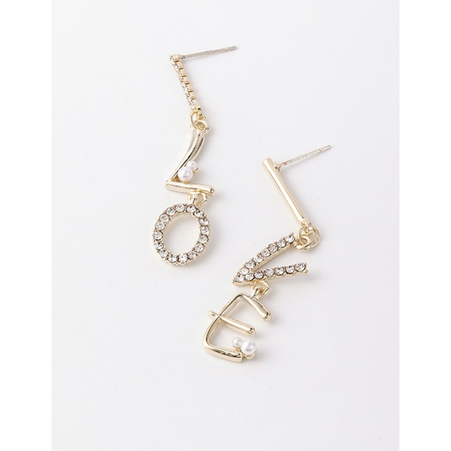 LRC Anting Tusuk Fashion Golden 925 Silver Needle Asymmetric Diamond Love Letter Earrings D87549
