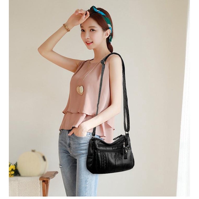 TAS SELEMPANG WANITA IMPORT 4 RESLETING PREMIUM KULIT HITAM METZIA TA506B5 SHOULDER SLINGBAG CEWEK BAG BAHU FASHION KOREA SIMPLE REMAJA KEKINIAN BATAM MURAH