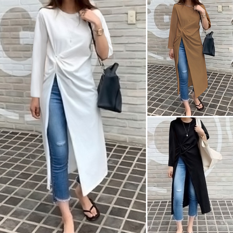 ZANZEA Womens Pleated Side Split Long Sleeve Casual Shirt O-Neck Irregular Long T-Shirt