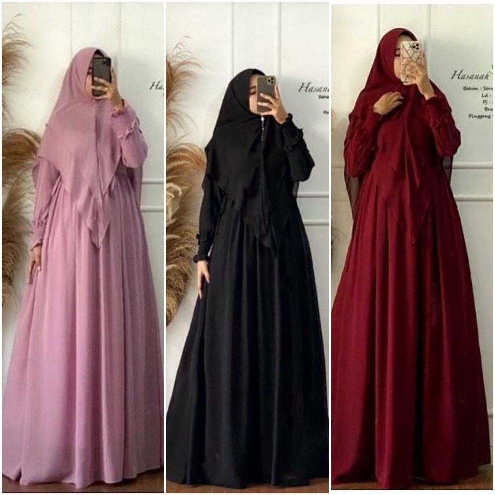 Hasanah Syar'i / gamis syari wanita/ gamis syar'i bahan ceruty/ syari mewah/ syari mewah terbaru 2021 lebaran/ syari/ syari set/ syar'i/ syari ceruty/ syar'i mewah-1