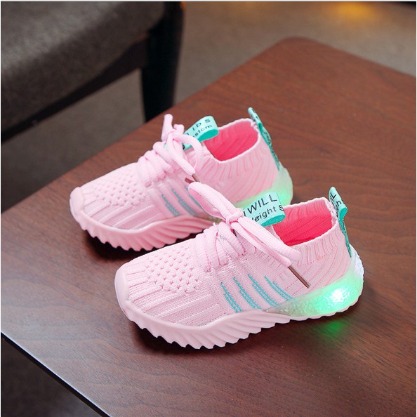 [Size 21-30]  WILL Breathable Sneakers Fashion Kids Shoes dengan Lampu LED Sepatu Anak Casual Shoes-Pink