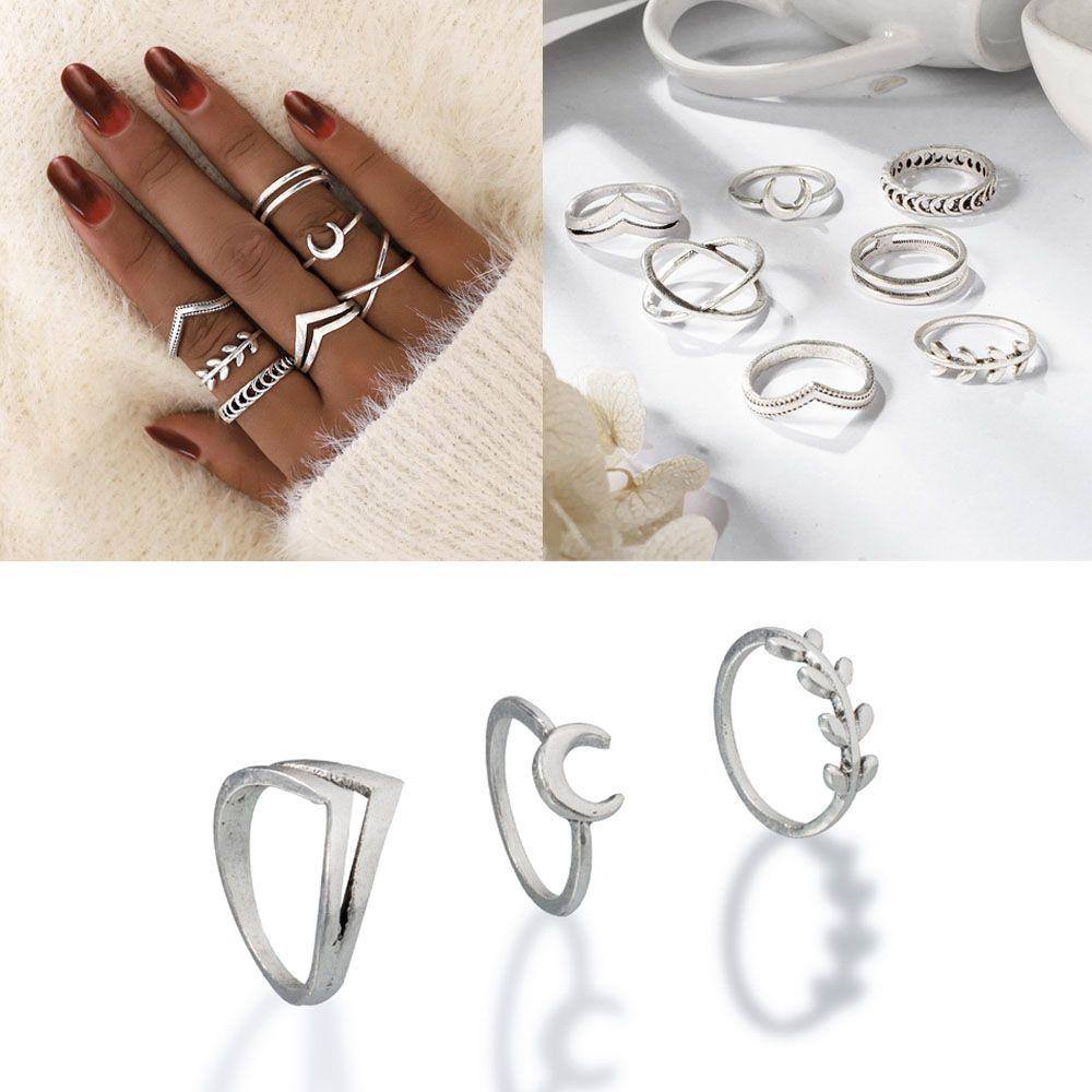 Preva 7PCS/Set Cincin Set Aksesoris Baru Cincin Jari Tipis Warna Silver