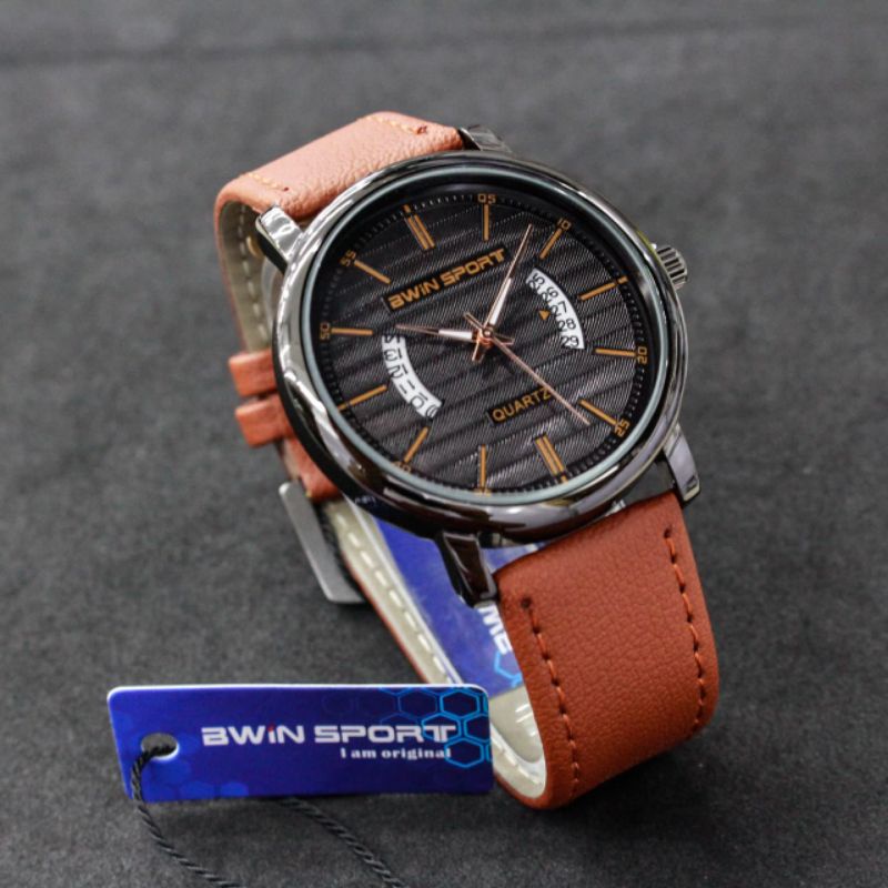 JAM TANGAN PRIA BWIN SPORT B631 ORIGINAL ANALOG TANGGAL AKTIF TALI KULIT TERBARU