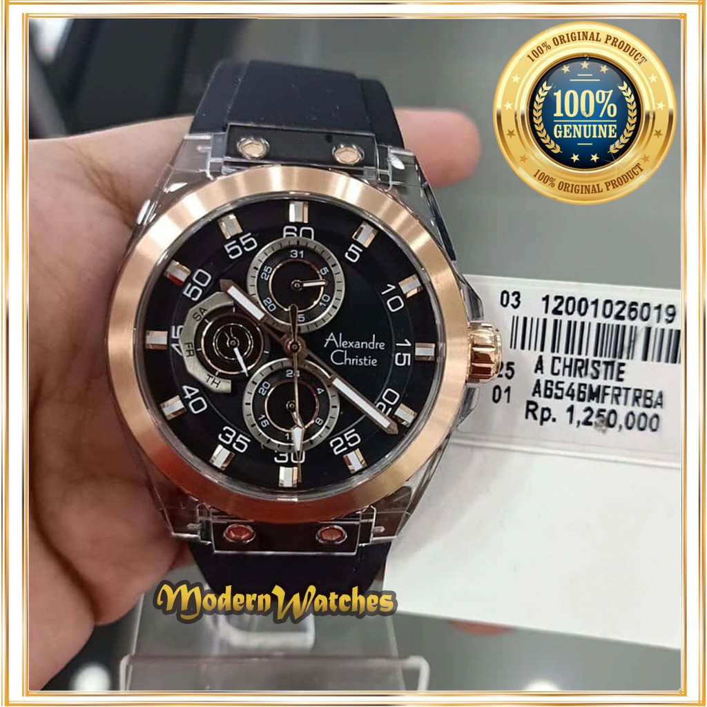Jam Tangan Ori Pria Alexandre Christie Karet Rubber AC 6546 Black Rosegold Hitam Terbaru Alexander