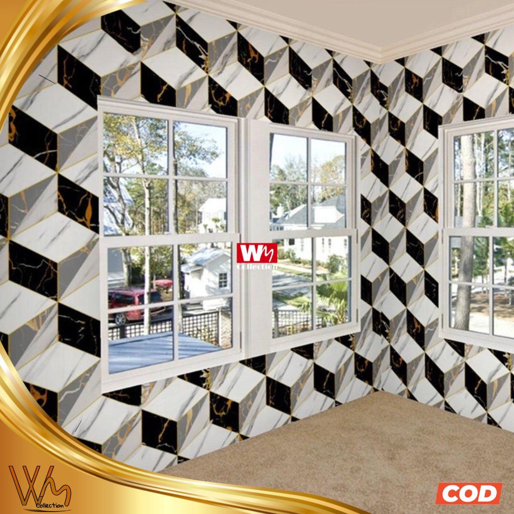 Wallpaper Sticker Dinding Motif 3D Kubus Hitam Putih 45cm x 100cm Wallpaper Sticker Dinding Ruang Ta