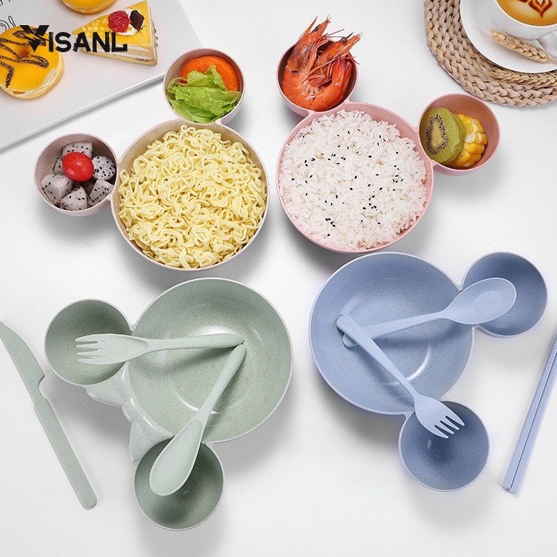 Mangkok Set Peralatan Makan Anak 4 in1Bahan Jerami Gandum Children Tableware Piring Kartun VS-25