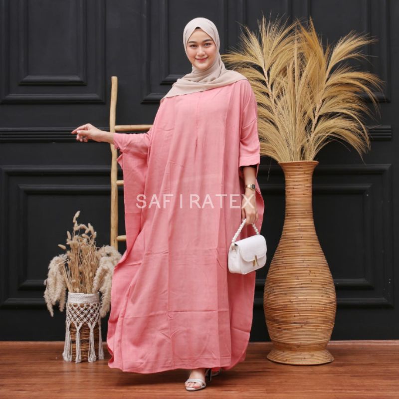 Kaftan jumbo busui polos casual  gamis kaftan rayon modern high quality - Dusty Pink