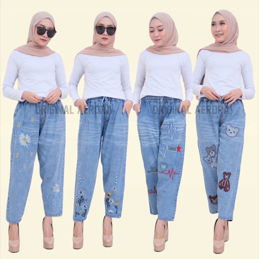 Ikado Celana Baggy Pants Jeans Wanita Jumbo Premium HightWaist Kekinian Pinggang Karet Lp 75-110 P 87 Allsize