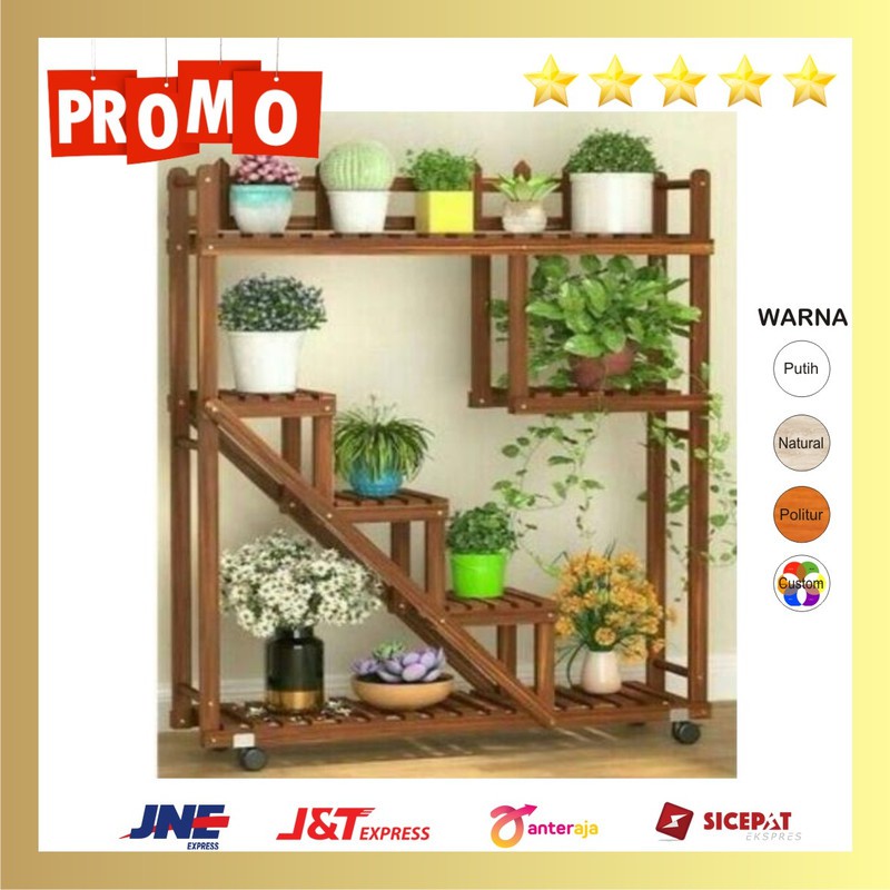Rak Pot Tanaman Bahan Kayu Unik Model Tangga Plitur