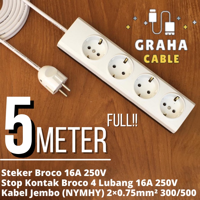 Kabel Sambungan Listrik Stop Kontak 4 Lubang 5 Meter BROCO