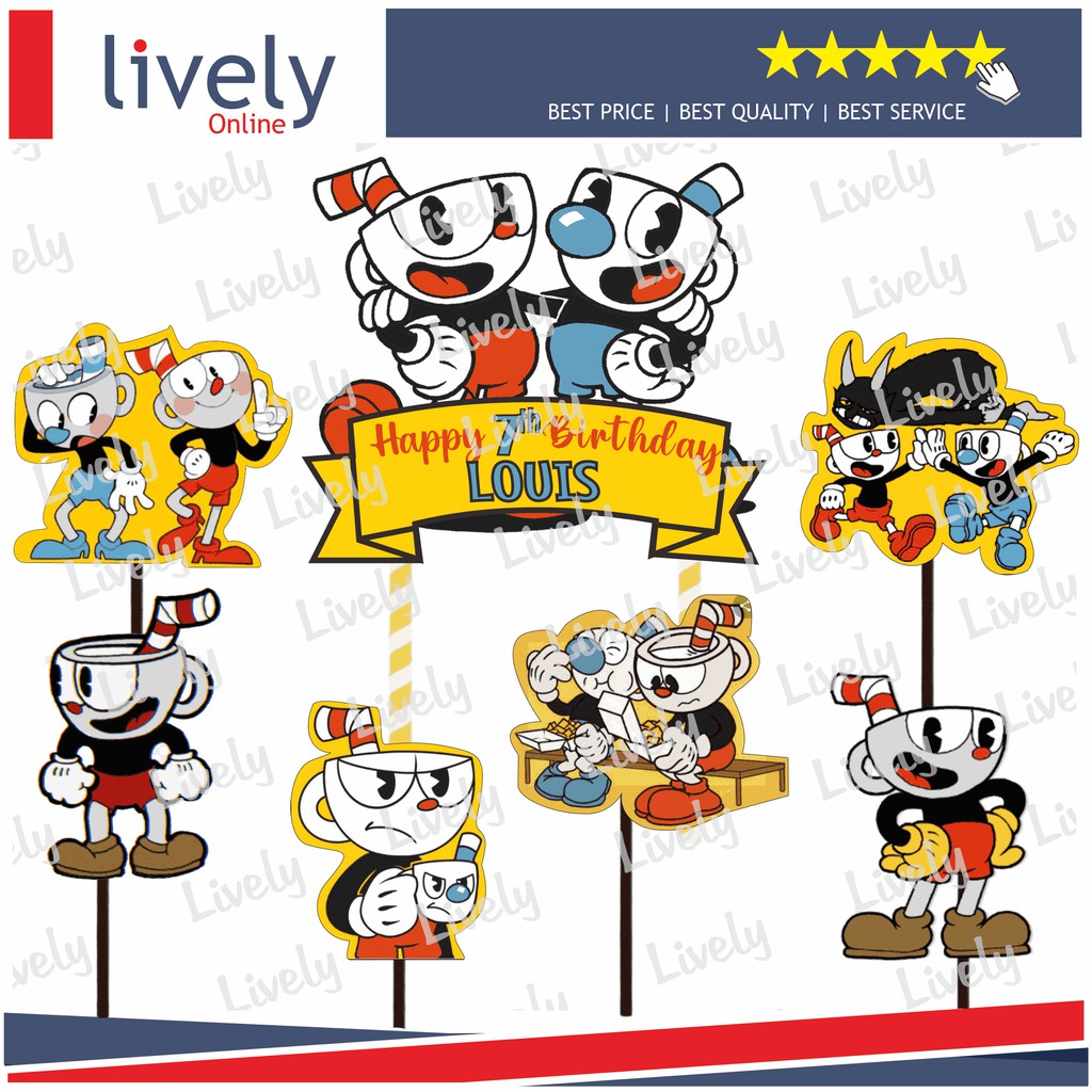 CUSTOM NAMA CAKE TOPPER KARAKTER CUPHEAD MUGMAN HIASAN KUE ULANG TAHUN HAPPY BIRTHDAY