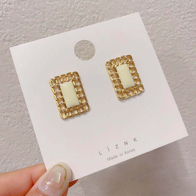 Anting Sterling Silver Needle Enamel Bentuk Persegi Geometris Bahan Logam Untuk Wanita