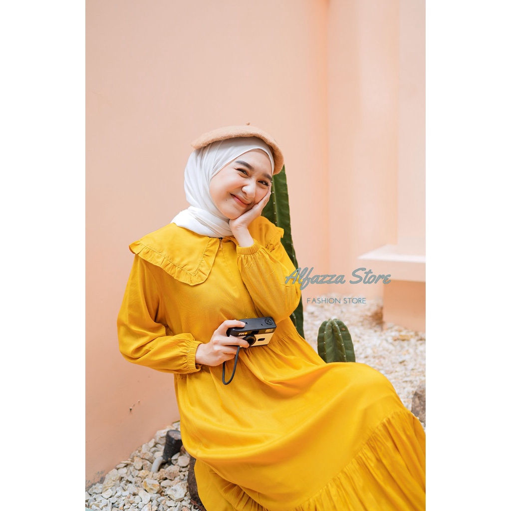 ALFAZZA STORE - NISA MIDI - MIDI DRESS - TERBARU - KERAH KUPU-KUPU - BIG SIZE - ALL SIZE - L - XL - FASHION WANITA - TERBARU - RAYON PREMIUM -  Dress Menyusui Motif Polos Rayon Crinkle Pakaian Muslim Wanita