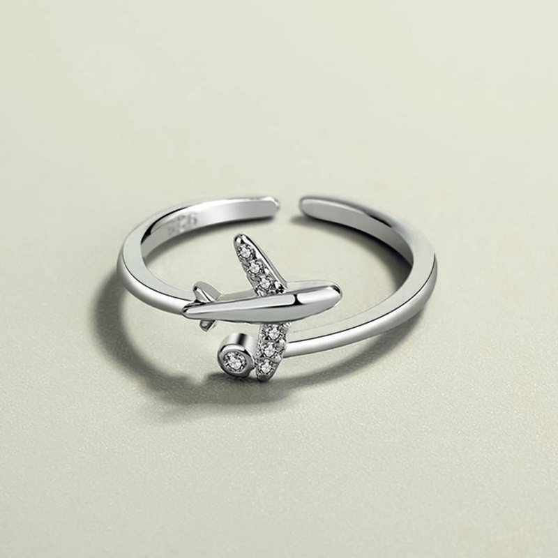 Fancyqube Perhiasan Cincin 925 Sterling Silver Model Terbuka Bentuk Pesawat Airport Aksen Zirkon Gaya Jepang Korea Untuk Wanita
