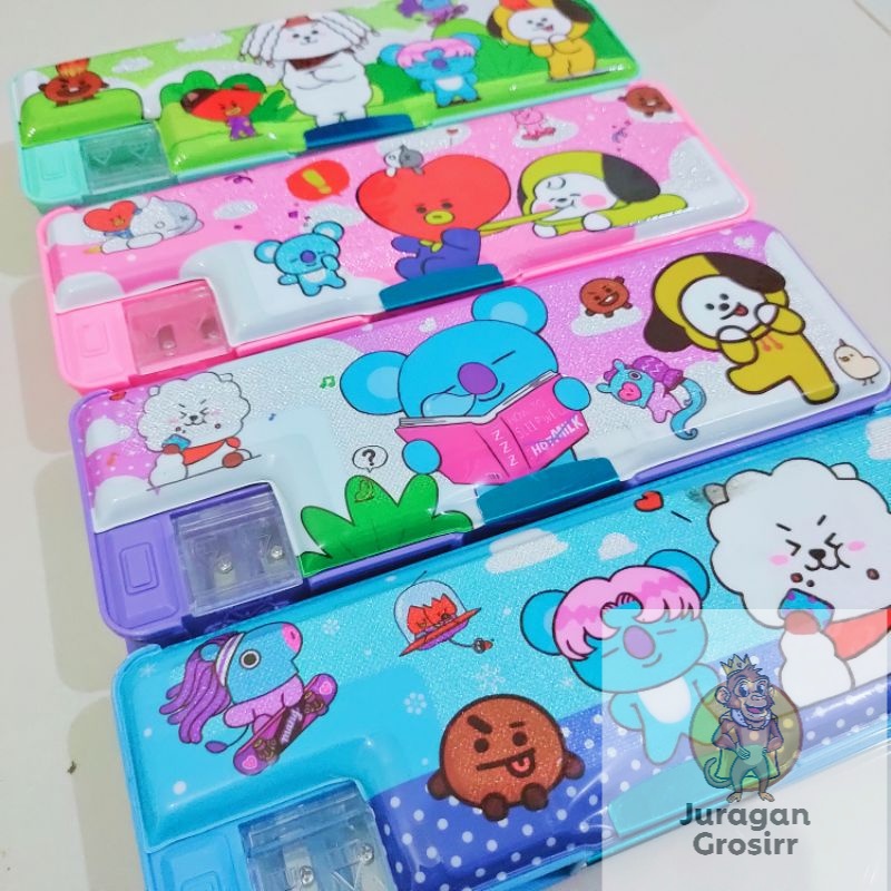 JG - Kotak Pensil Magnet 2 Sisi BTS BT21 Glitter Pencil Case