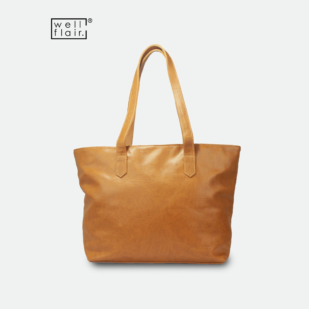 WELLFLAIR - Tote Bag Kulit Wanita Resleting- Tas Bahu Jinjing Laptop Cewek - ToteBag Simple Vintage