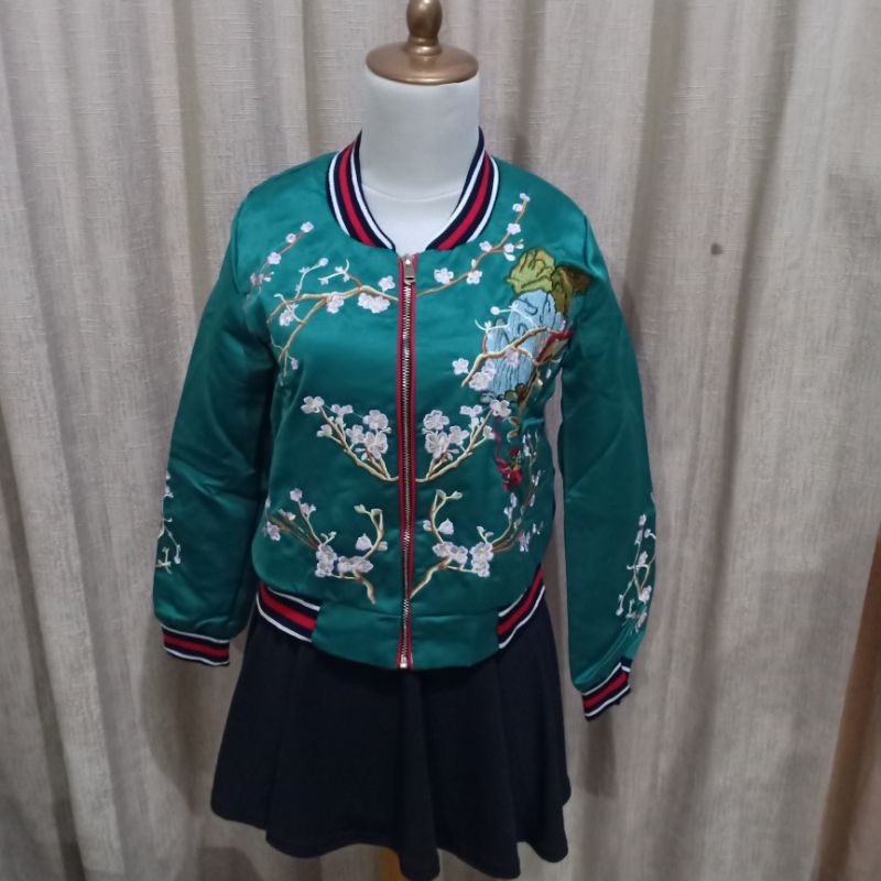 NEW atasan outer jaket wanita lengan panjang hijau bomber bordir CINDERELLA cewek super MEWAH M L mo