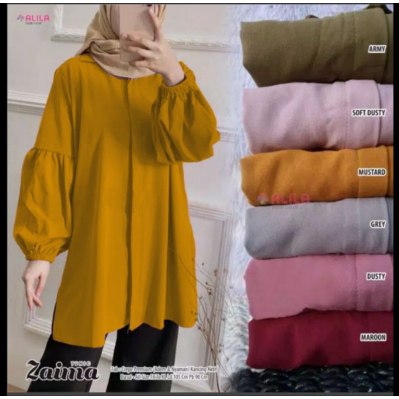 Baju Long Dress Kemeja Tunik Wanita Muslim Lengan Balon Terbaru 2021 Zaima Tunik Polos by Nurulillah