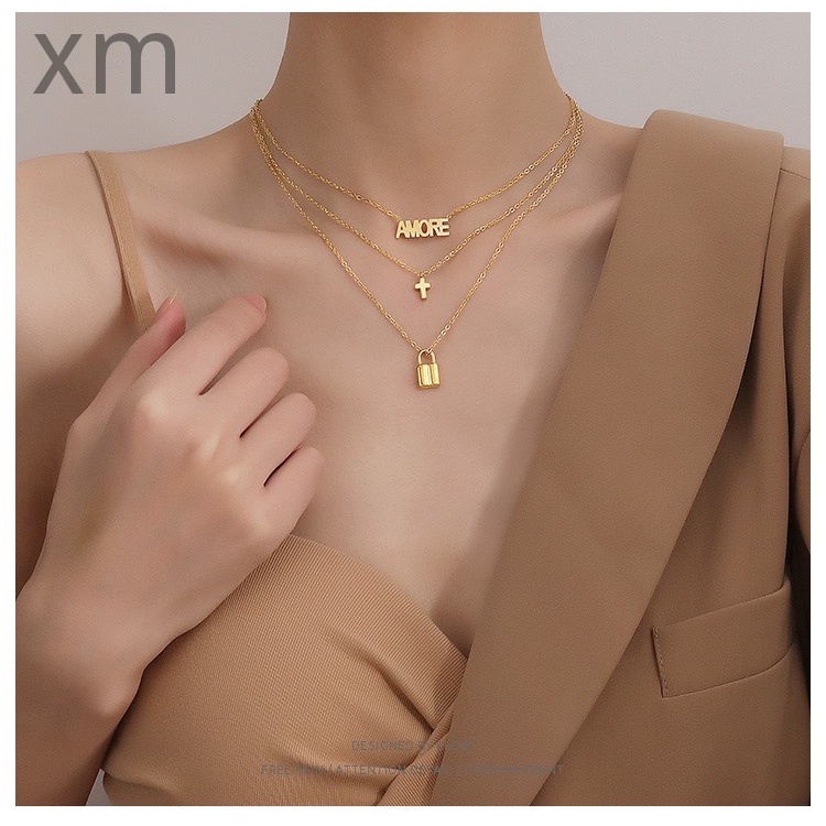 Kalung Rantai Klavikula Titanium Steel 18K Rose Gold Tiga Lapis Dengan Liontin Rumbai Untuk Wanita