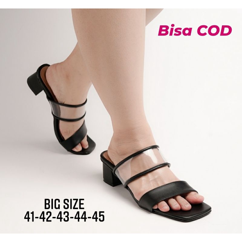 Sandal Higheels Makazi Wanita Big Size 41-45 / Slop Heels Hak chunky Feminim Pesta / Sandal Kaca JUMBO Big, 44