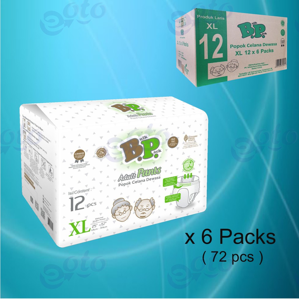 BP Popok Dewasa PANTS Diapers model Celana ukuran XL isi 12 pcs x 6 ( 72 pcs )