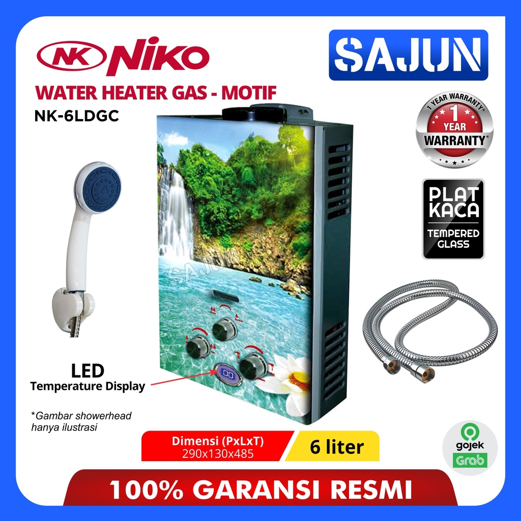 Water Heater Gas Niko NK-6LDGA/B/C/D Digital LED Display Motif (KACA) - NK-6LDGA