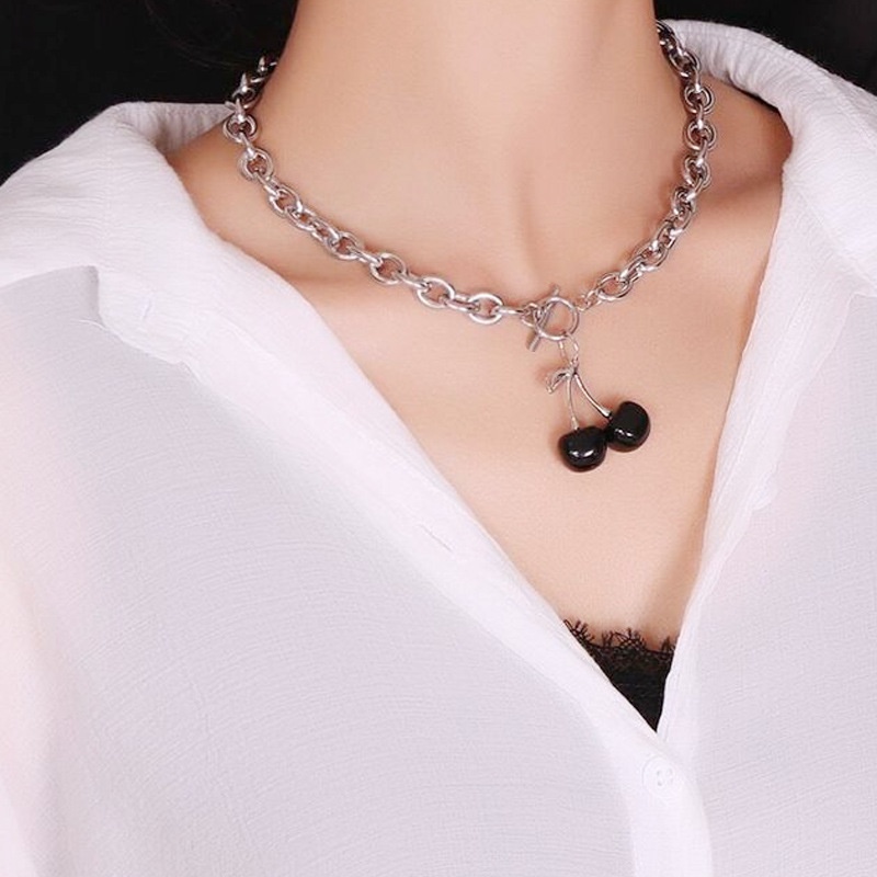 Online influencer klavikula rantai ins angin dingin black cherry kalung fashion wanita kalung hip ho