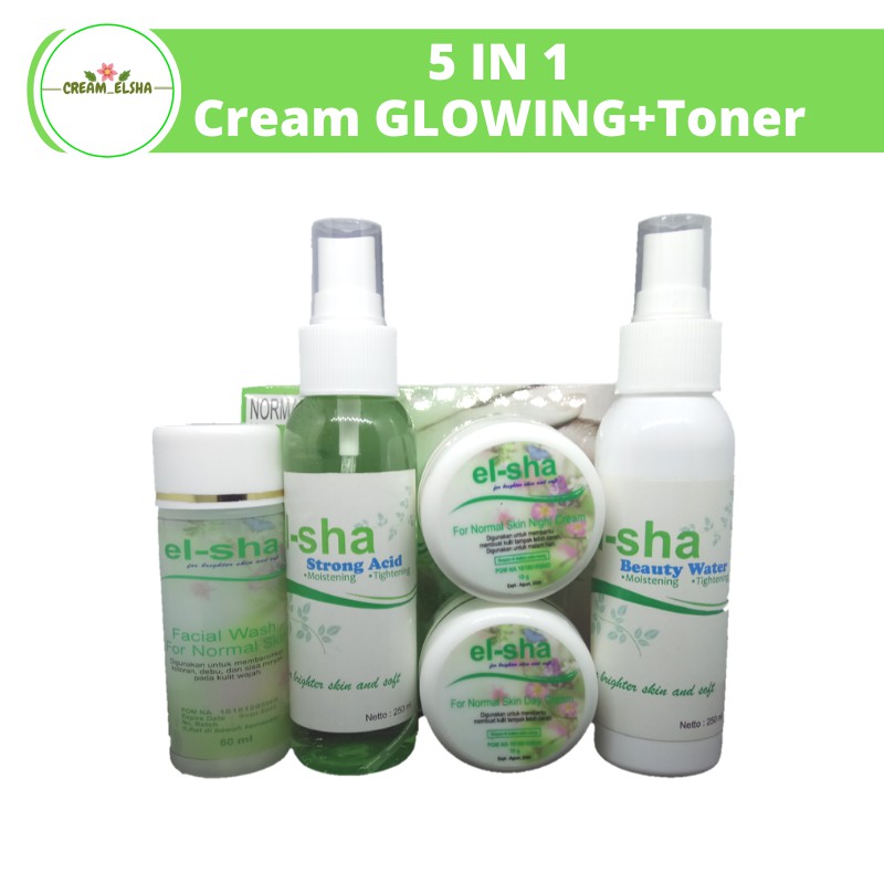 CREAM_ELSHA PAKET LENGKAP 5IN1 PAKET HEMAT PEMUTIH WAJAH PLUS PAKET BW STRONG ACID BEAUTY WATER